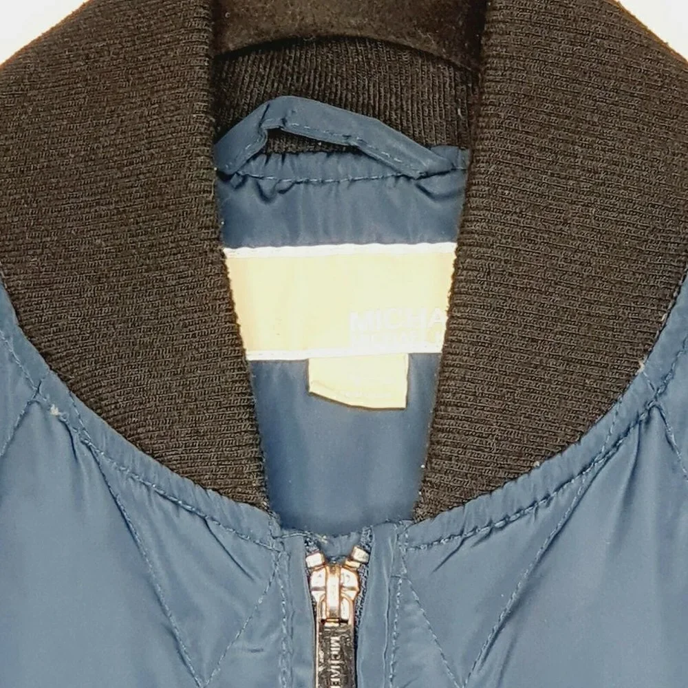 Michael Kors Navy‎ Blue Faux Leather Trim Down Filled Full Zip Puffer Jacket S